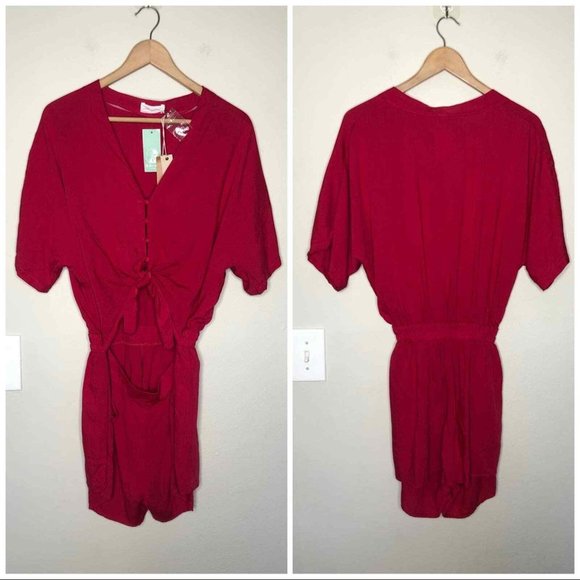 Mustard Seed Front Tie Red Romper Short Sleeves Cut Out Rayon 100% Size M - Picture 5 of 12